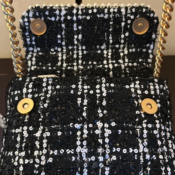 NWTGS Kurt Geiger black and white plaid bejeweled fabric handle mini Kensington! - Picture 5 of 9